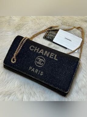 CHANEL Deauville Navy Denim Long Wallet Gold Logo Bifold